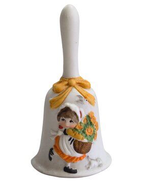 Vintage Jasco Bisque Bell Hand‑Painted Girl & Flowers Taiwan 6" Collectible